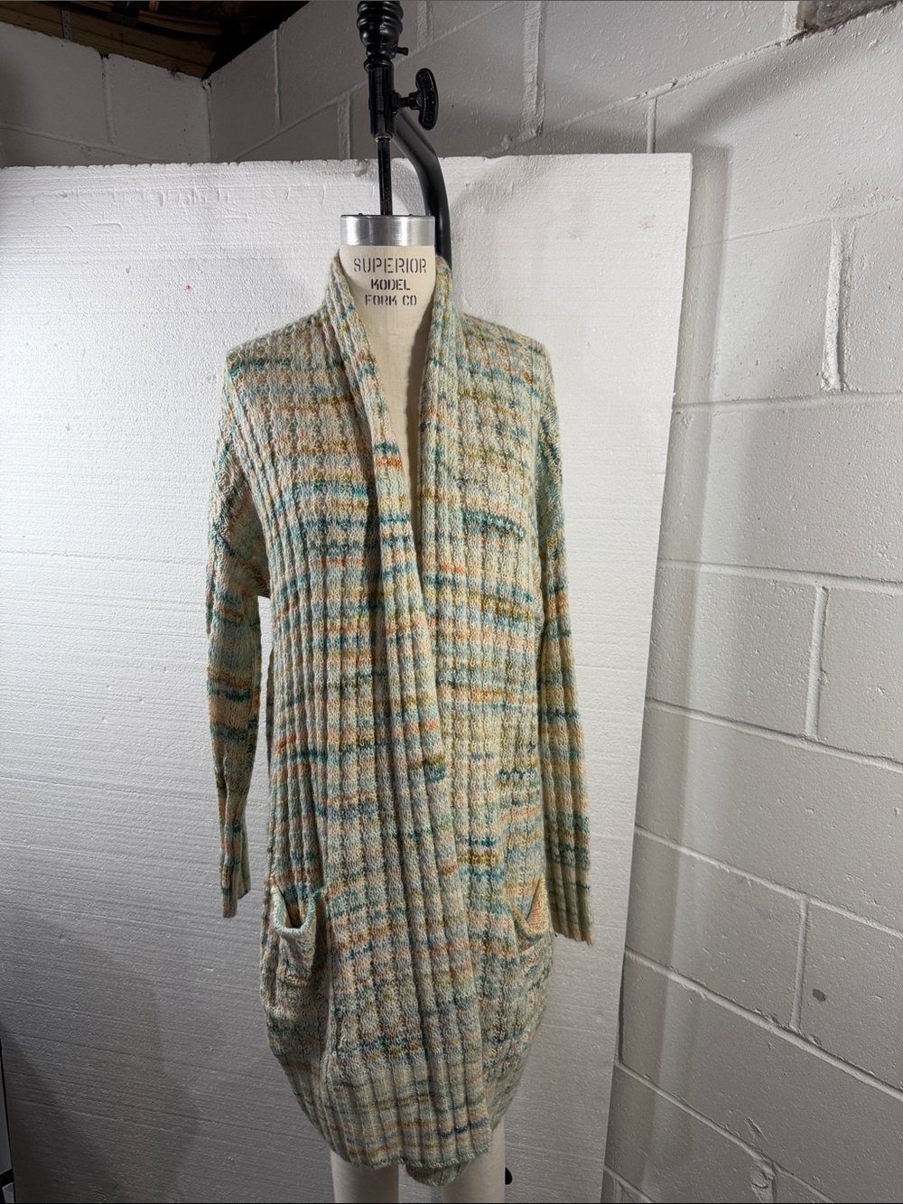 Anthropologie Long Open-Front Ribbed Cardigan Sweater - Cream Multi
